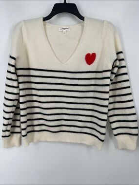 Cream Striped V-Neck Sweater with Red Heart